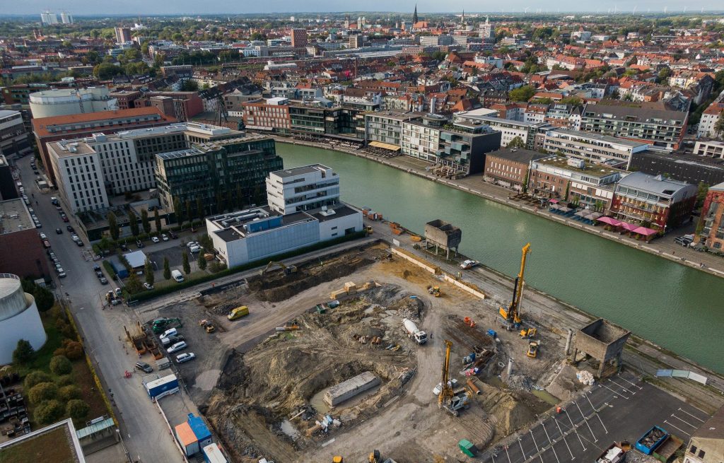 Luftaufnahme der Baugrube am Münsteraner Hafen